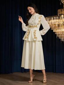 Modelyn 2 件女式花卉印花雪纺衬衫和 A 字裙套装，优雅浪漫 - 白色 - 查看 7