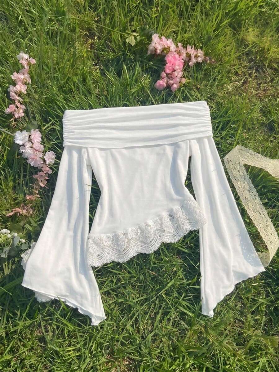 SHEIN MOD 杏色蕾絲露肩荷葉邊下擺喇叭袖女上衣,復古風,女裝套裝,派對女上衣,上衣 - 白色 - 查看 1
