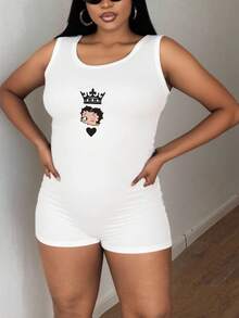 Betty Boop x SHEIN Plus Size Minimalist Print Round Neck Sleeveless Tank Top - White - View 5