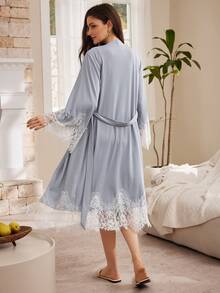 Moireta French Elegant Mature Lace Hollow Camisole Dress & Robe 2 Pieces Pajama Set For Women - Dusty Blue - View 2