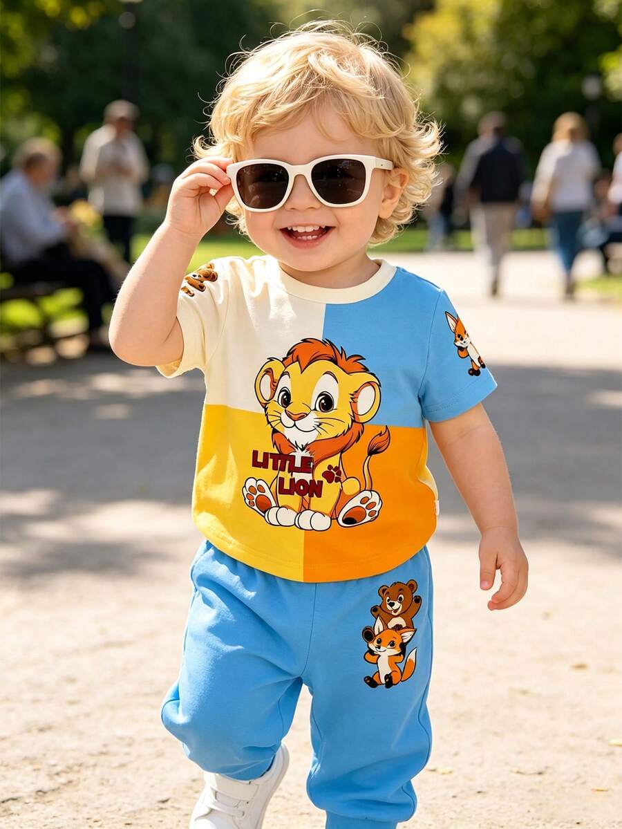 2pcs Baby Boy Casual Cute Cartoon Lion Pattern Patchwork Contrast Color Round Neck T-Shirt And Matching All-Over Animal Print Long Pants Set - Multicolor - View 1