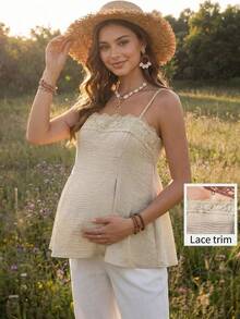Boho Mama Camisola de tirantes de maternidad para vacaciones de unicolor con contraste de encaje de moda - Albaricoque - Ver 2