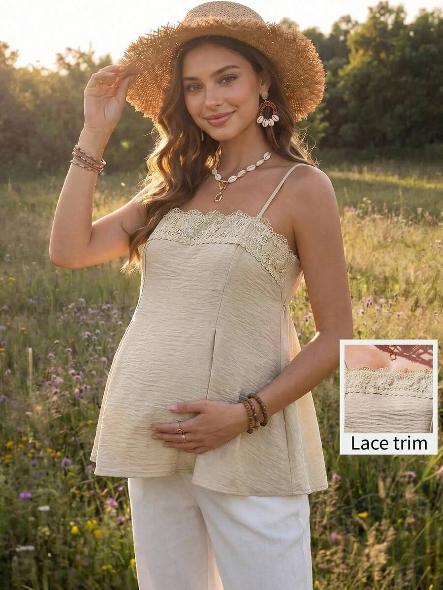 Boho Mama Camisola de tirantes de maternidad para vacaciones de unicolor con contraste de encaje de moda
