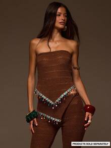 MUSERA Brown Knit Embellished Hankerchief Top - Coffee Brown - View 1