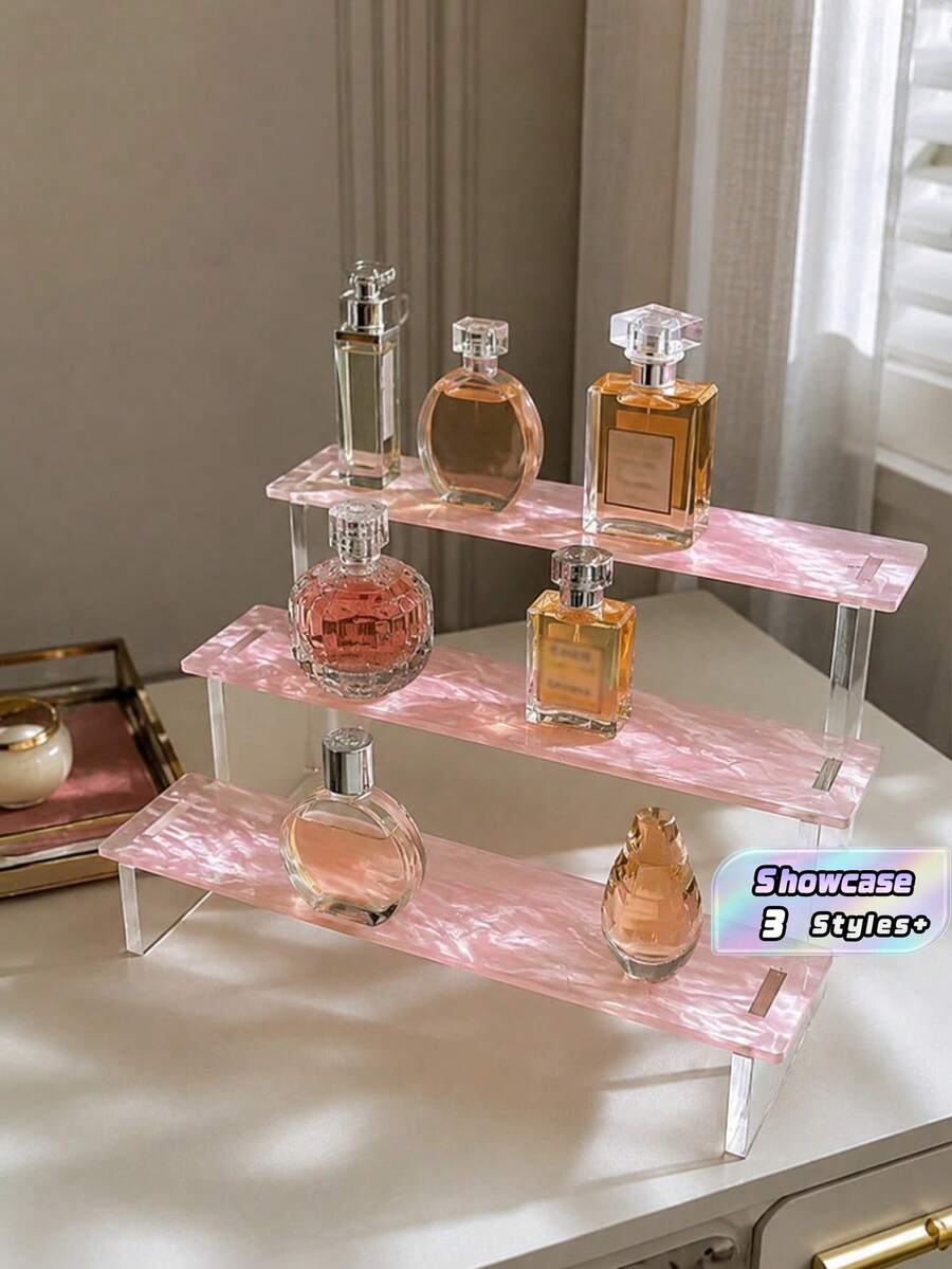 1 kệ trưng bày acrylic hình thang 3 tầng chắc chắn, giá đỡ nhiều chai cho nước hoa, tinh dầu, mỹ phẩm, phong cách hiện đại tối giản, bề mặt gợn sóng, khay lưu trữ bàn trang điểm cho phòng ngủ, cửa hàng nước hoa, salon làm đẹp - Nhiều màu - Xem 1