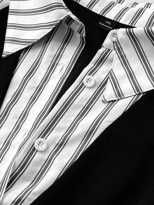 Mawevolt Korean Style Striped Polo Collar Shirt, Slim Fit Flattering Commuter Versatile Plus Size Women's Top Fall - Black and White - View 7