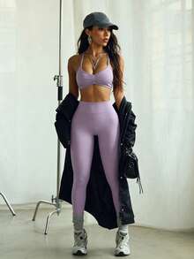 Dewbera Dewbera Setelan Olahraga Tanpa Jahitan untuk Wanita: Tank Top Pendek Berlipit dan Legging - Mauve Purple - View 5