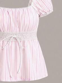 CovetEZ Summer Outfits Square Neck Petal Sleeve Tie Front Tee In Pink Striped Print,Summer Top - Multicolor - View 3
