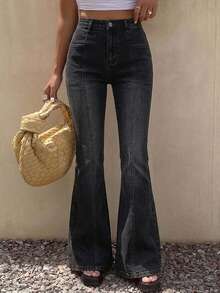 DAZY Women's Korean Style Washed Flared Distressed Casual Jeans Petite - Blue - View 1