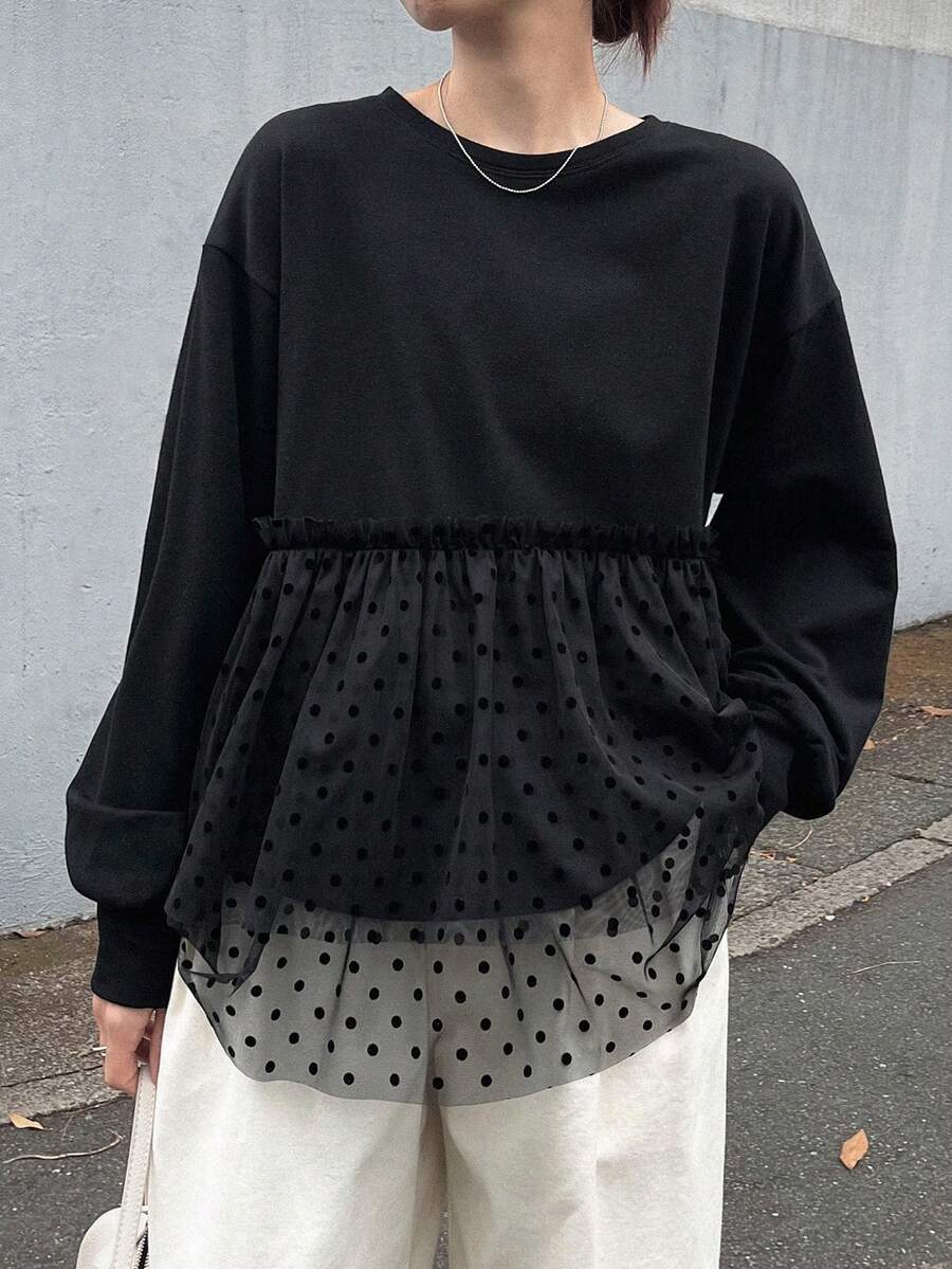 FRIFUL Women's Early Autumn New Korean Style Patchwork Sheer Polka Dot Mesh Ruched T-Shirt - Black - View 1
