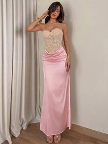 Nuvra Women's Lace Patchwork Ruched Elegant Waist-Cinched Strapless Dress For Party - Pink - View 3