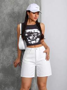 SHEIN Tall Y2K 基本款中腰休閒水洗牛仔短褲 女款 日常白色夏季 高個女性適用 - 白色 - 查看 6