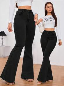 SHEIN Tall 女款休閒水洗修身喇叭褲 黑色寬腿喇叭牛仔褲 高個女性適用 - 黑色 - 查看 7
