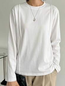 Dazy-Less Spring/Autumn Casual Versatile Solid Color Long Sleeve T-Shirt - White - View 6