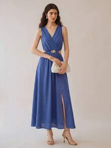 SHEIN Women's Sleeveless Long Dress With Metal Waist Decoration And Cutout Design - Blue - View 7