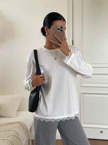 SHEIN EZwear 白色針織女款圓領長袖對比蕾絲T恤 - 白色 - 查看 5