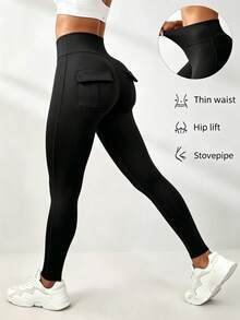 Core Rhythm Women's Solid Color Pocket Design High Waist Sports Pants - Black - View 1