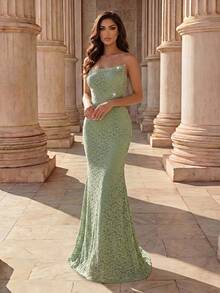 Coutiva Vestido de gala sin tirantes con patrón de encaje decorado con pedrería verde para mujer - Verde - Ver 3