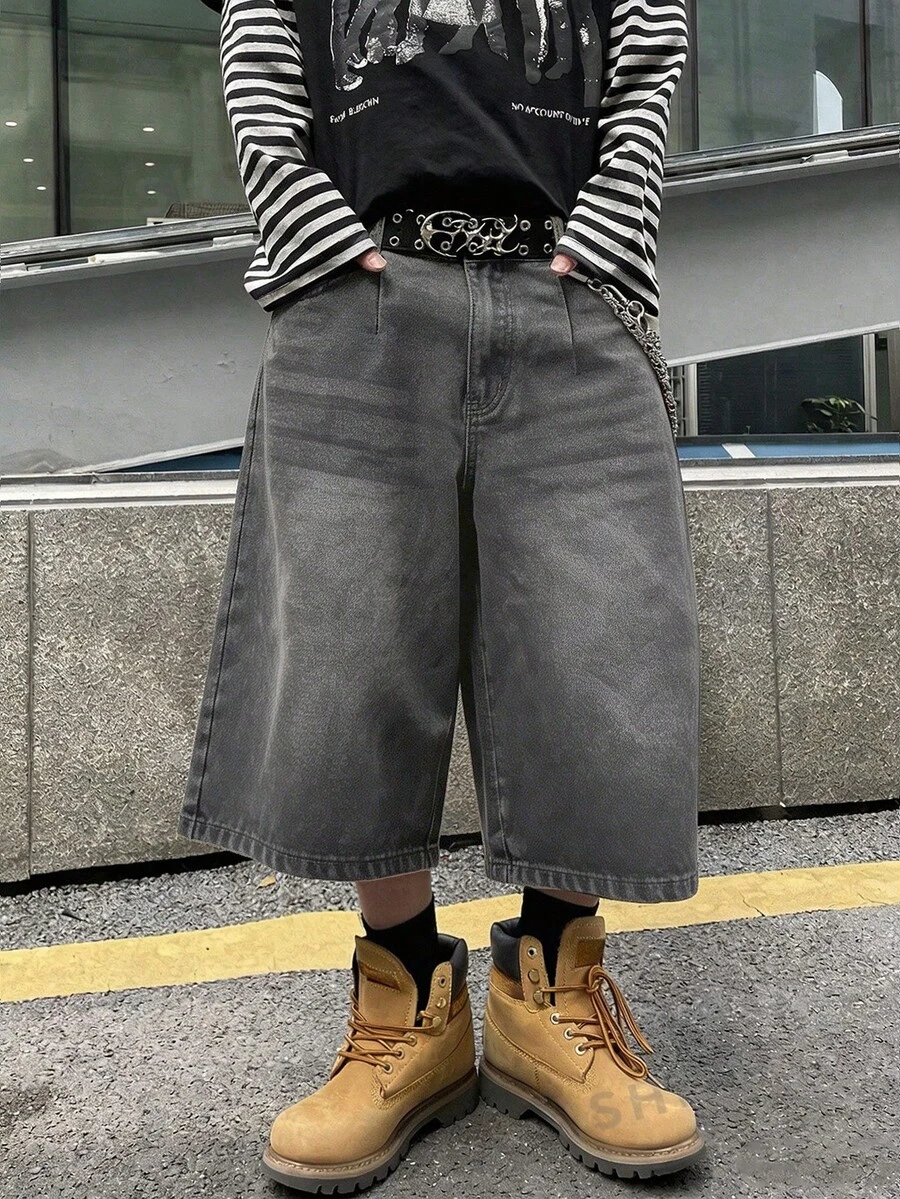 STEELVANCE 男士休閒水洗寬腿牛仔短褲 - 灰色 - 查看 1