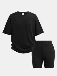 Girlism 青少年女孩 T-Shirt 套裝 2件/組 春夏新款 純色套裝 2件短袖 + 2件百慕達短褲套裝，4件裝，休閒時尚街頭風 寬鬆 T-Shirt + 緊身單車短褲套裝 - 彩色 - 查看 7