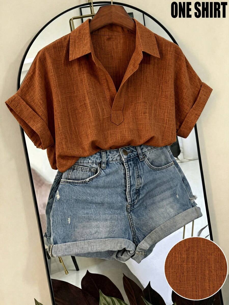SHEIN Franclia 時尚休閒百搭純色蝙蝠袖短袖襯衫 - 橘色 - 查看 1