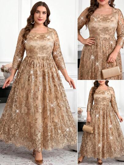 Reflora Đầm nữ size lớn cổ vuông họa tiết jacquard tay lỡ thanh lịch