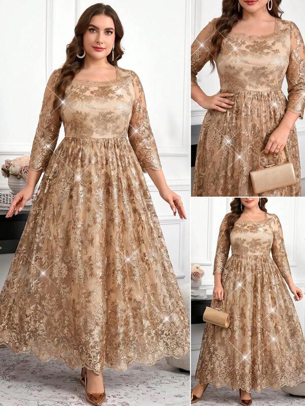 Reflora Plus Size Women's Square Neck Jacquard 3/4 Sleeve Elegant Dress
