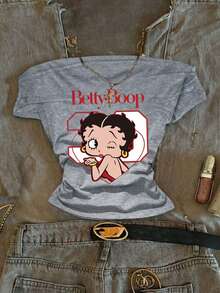 Attitoon Betty Boop x SHEIN 女款休閒抓皺腰方領 Betty 聯名修身短袖 T 恤，適合夏季，時尚 Y2K 風格 - 淺灰色 - 查看 4