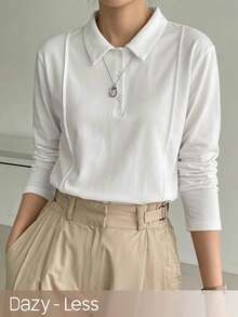 Dazy-Less Women's Solid Color Polo Collar Long Sleeve Casual T-Shirt - White - View 1