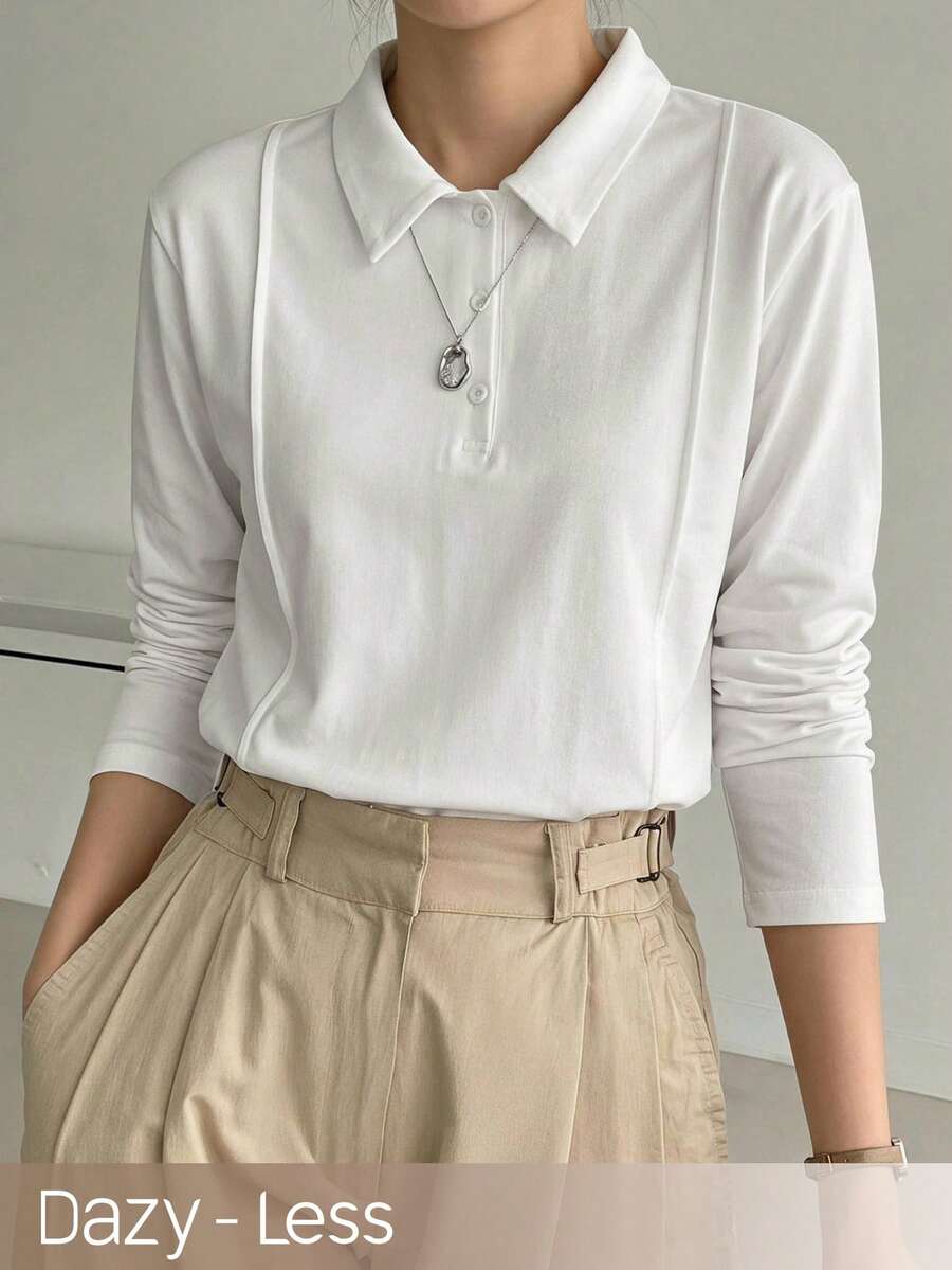Dazy-Less Women's Solid Color Polo Collar Long Sleeve Casual T-Shirt - White - View 1