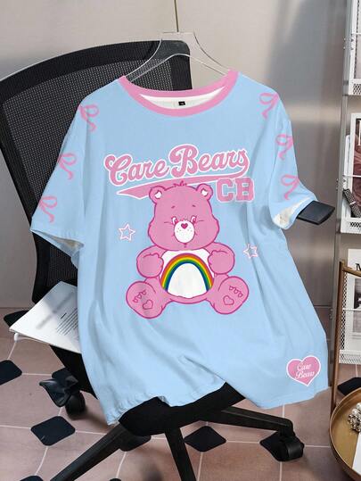 SHEIN X Care Bears Camiseta de verano casual de uso diario con estampado de dibujos animados para mujer de talla grande