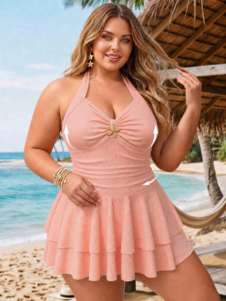 cute plus size swim dress SHEIN CURVE+ Women's Sweet Textured Fabric Starfish Decor Camisole + Shorts 2pcs Set, Summer Beach Vacation Holiday Pink Bikini Swimsuit shaping swim dress cinches INV-79010 Maxi Dress Lilac Long Color:Coffee (Style B) Modest swimwear