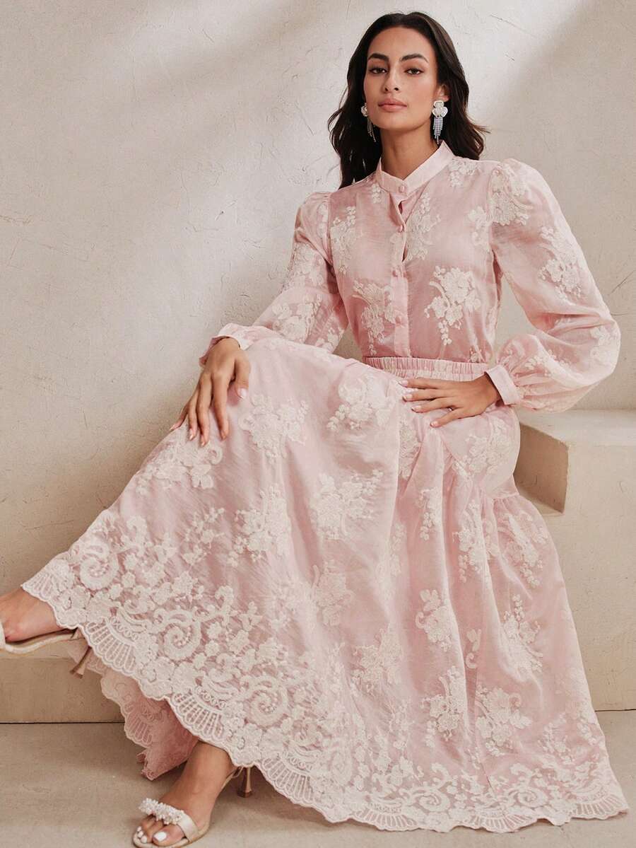 Anewsta Spring/Summer New Elegant Fashion Casual Vacation Date Outing Holiday Party Embroidered Floral Women 2-Piece Set - Baby Pink - View 1
