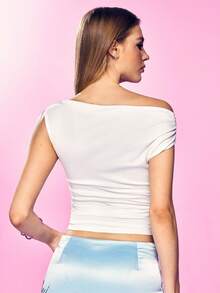 Mean Girls | SHEIN Women's Asymmetric Shoulder Letter Print Ruched Slim Fit Versatile Casual T-Shirt - White - View 2