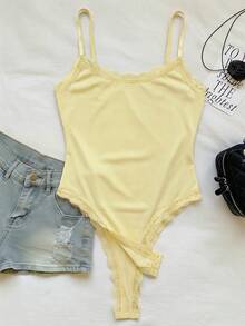 Comfortcana Women's Solid Color Lace Patchwork Elegant Sleeveless Bodysuit For Summer - Mustard Yellow - View 5