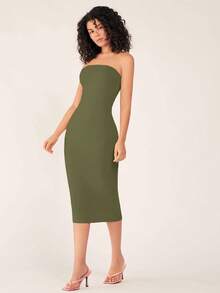 SHEIN BASICS 女款無肩帶修身緊身休閒性感晚餐洋裝 夏季女款晚裝 夜出約會夜店橄欖綠 - 軍綠色 - 查看 10