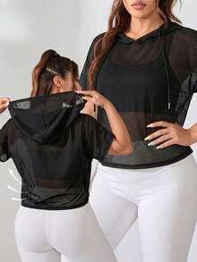 SHEIN Rhythm Era 加大码女式夏季薄纱网眼短袖抽绳连帽卫衣 - 黑色 - 查看 3