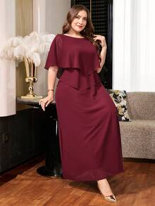Reflora Plus Size Elegant Solid Color Party Dress - Burgundy - View 5