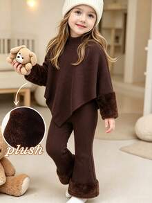 SHEIN Elladie kids 女童 2 件組秋冬套裝，高領不對稱下擺上衣搭配毛絨袖口，羅紋喇叭褲，返校穿搭女童服飾 - 棕色 - 查看 2
