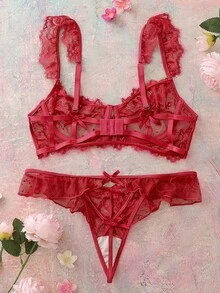 Elorette 2件組紅色蕾絲拼接鋼圈透視網紗甜美可愛純欲性感女款內衣套裝 - 紅色 - 查看 2