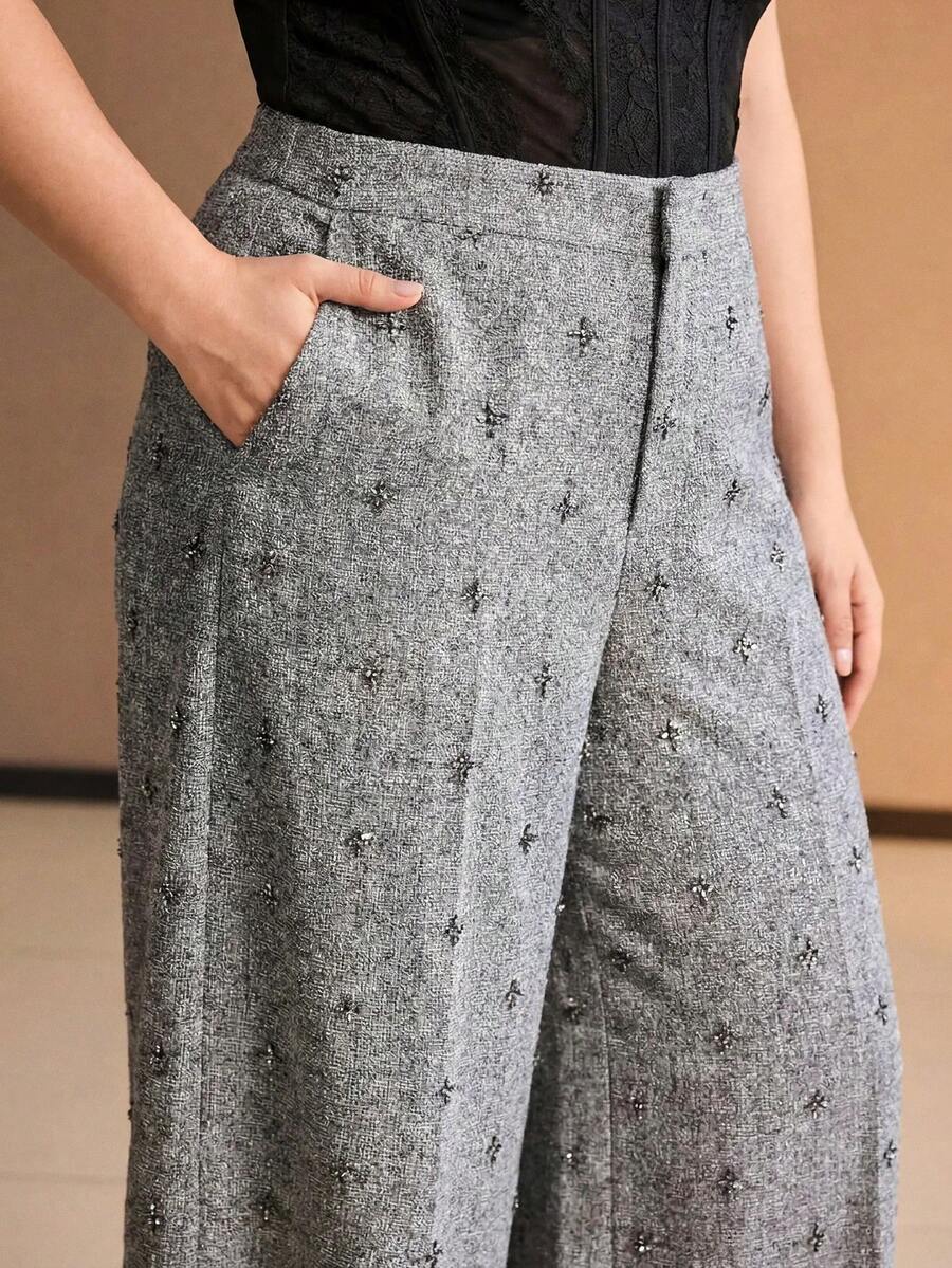 MOTF PREMIUM PLUS SIZE WOMEN'S AUTUMN/WINTER TWEED RHINESTONE DECORATED LOOSE WIDE LEG LONG PANTS - Grey - View 1