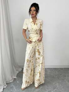 Selianne Conjunto de 2 piezas para mujer de disfraz de Halloween con top cruzado de tela de lámina de champán y pantalones anchos plisados - Caqui - Ver 4