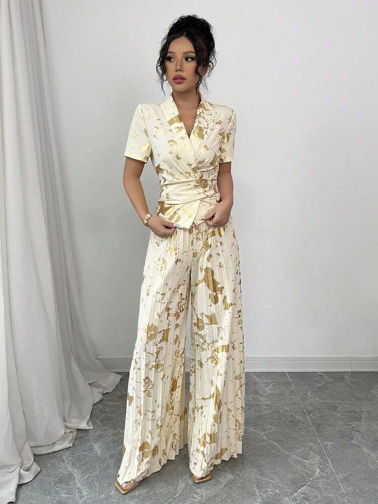 Selianne 萬聖節女款香檳色箔面料交叉裹身上衣＋百褶寬腿褲兩件套服裝 - 卡其色 - 查看 4