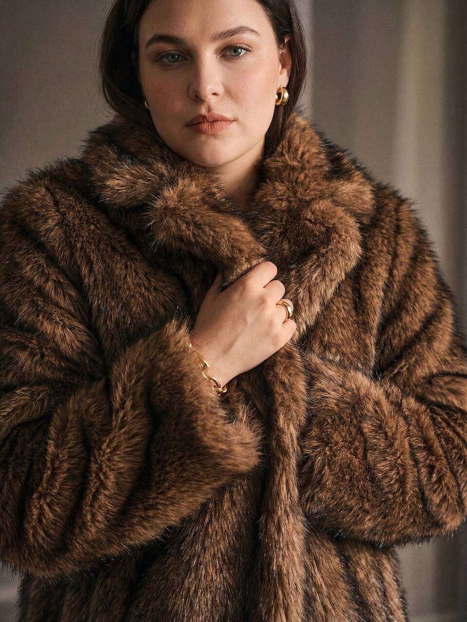 MOTF PLUS SIZE WOMEN'S AUTUMN/WINTER LONG FAUX FUR COAT WITH LAPEL COLLAR