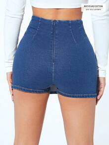 SHEIN PETITE Casual Washed High Waist Slit Denim Shorts ,Petite Women - Blue - View 7