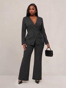 SHEIN SXY Plus Size Women's Striped Side-Tie Waist Jacket And Pants Suit Set - Black - View 5