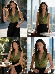 SHEIN LUNE Camiseta elegante de verano con pliegues y envolvente de unicolor - Verde - Ver 4