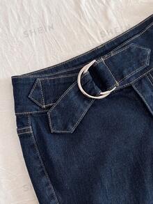 Elamini 女款休閒百搭日常穿搭水洗牛仔喇叭褲 - 深色水洗藍 - 查看 3