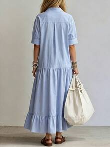 Omancia Women's Casual Vacation Blue & White Striped V-Neck 3/4 Sleeve Loose Long Dress, Comfortable For Spring/Summer - Blue and White - View 2