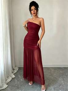 Elenzga Women's Summer New Beach Vacation Dress, Light Blue Mesh One Shoulder Bandeau Fitted Dress - Burgundy - View 5